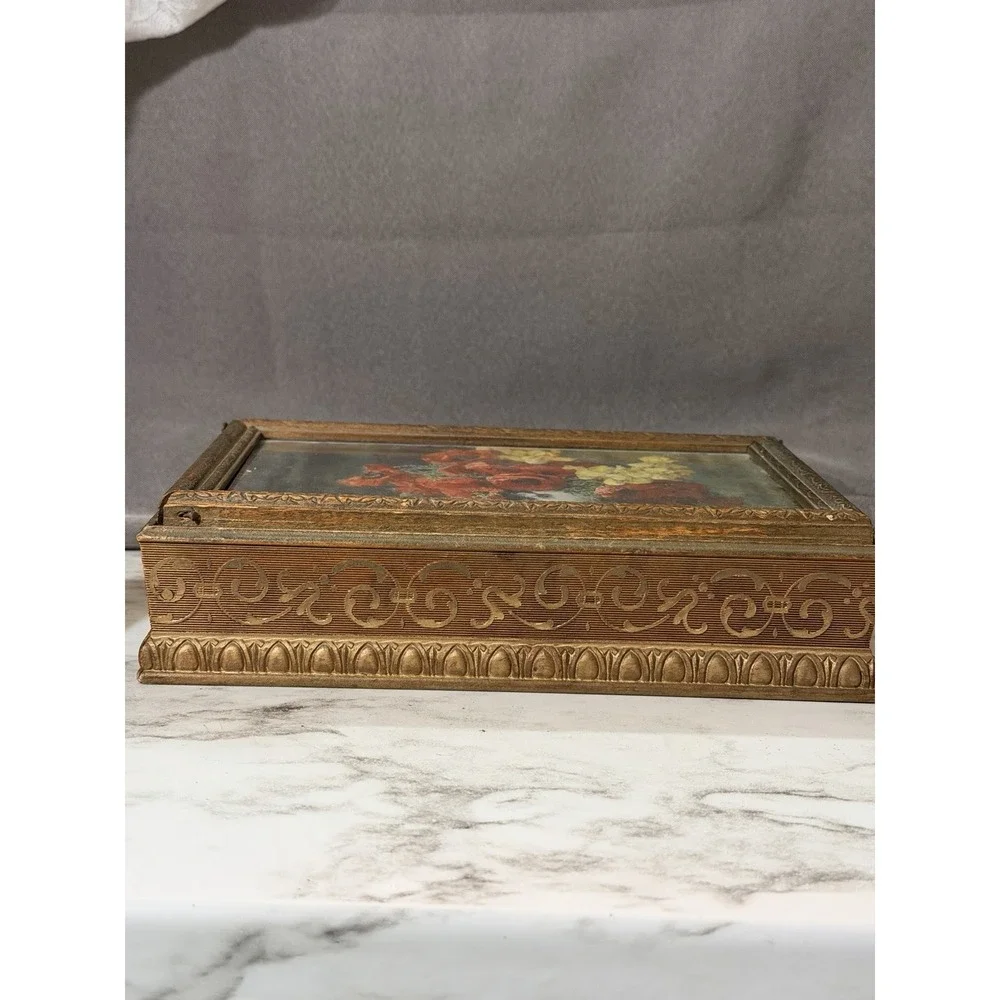 Really Old Wooden Jewelry Box With Mirror Floral Glass Top (A3195)